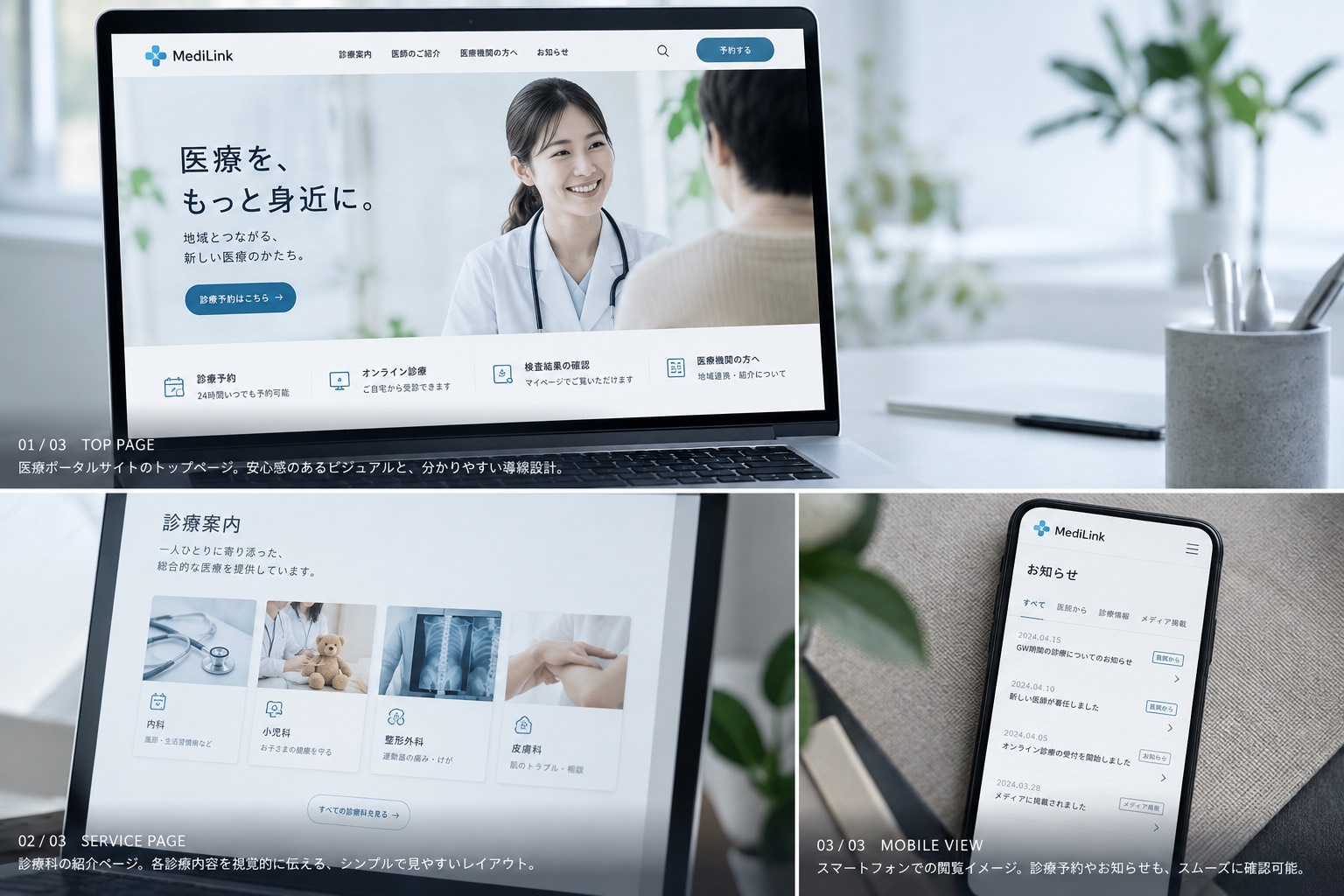 HOSPITAL WEBSITE — トップ・診療案内・スマートフォンの画面
